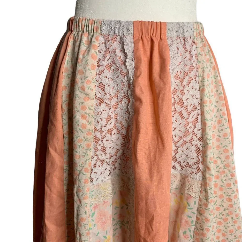 Vintage 70s Patchwork Circle Patio Skirt S Pink Floral Lace Cottage Prairie